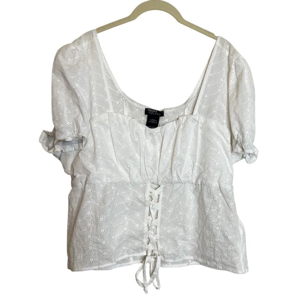 Thorn & Fable Womens Blouse Size XL White Eyelet Puff Sleeve Coquette Lace Up